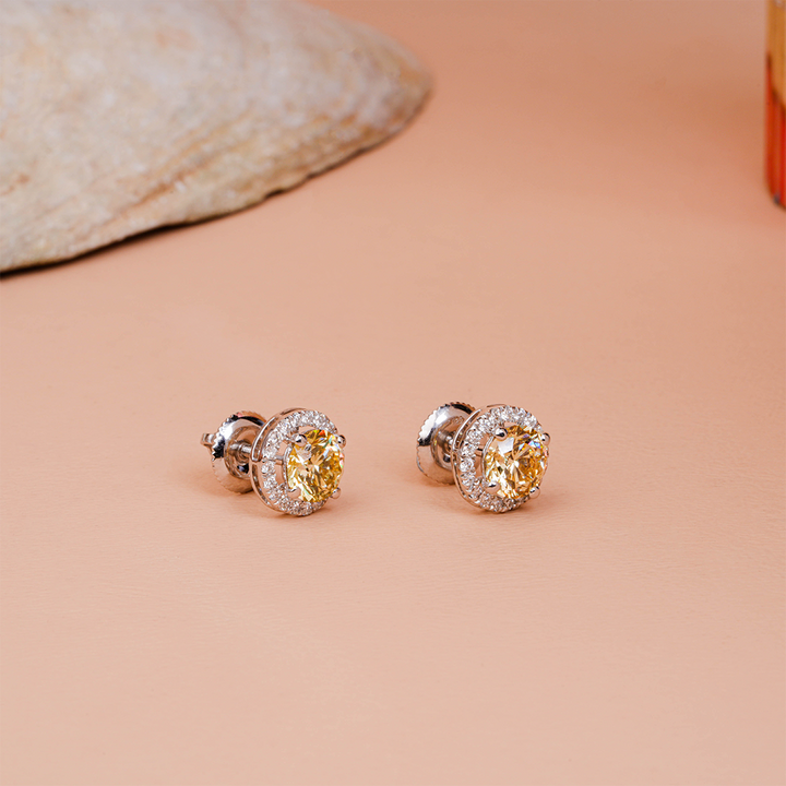 Round Cut Yellow Canary & White Diamond Halo Stud Earrings