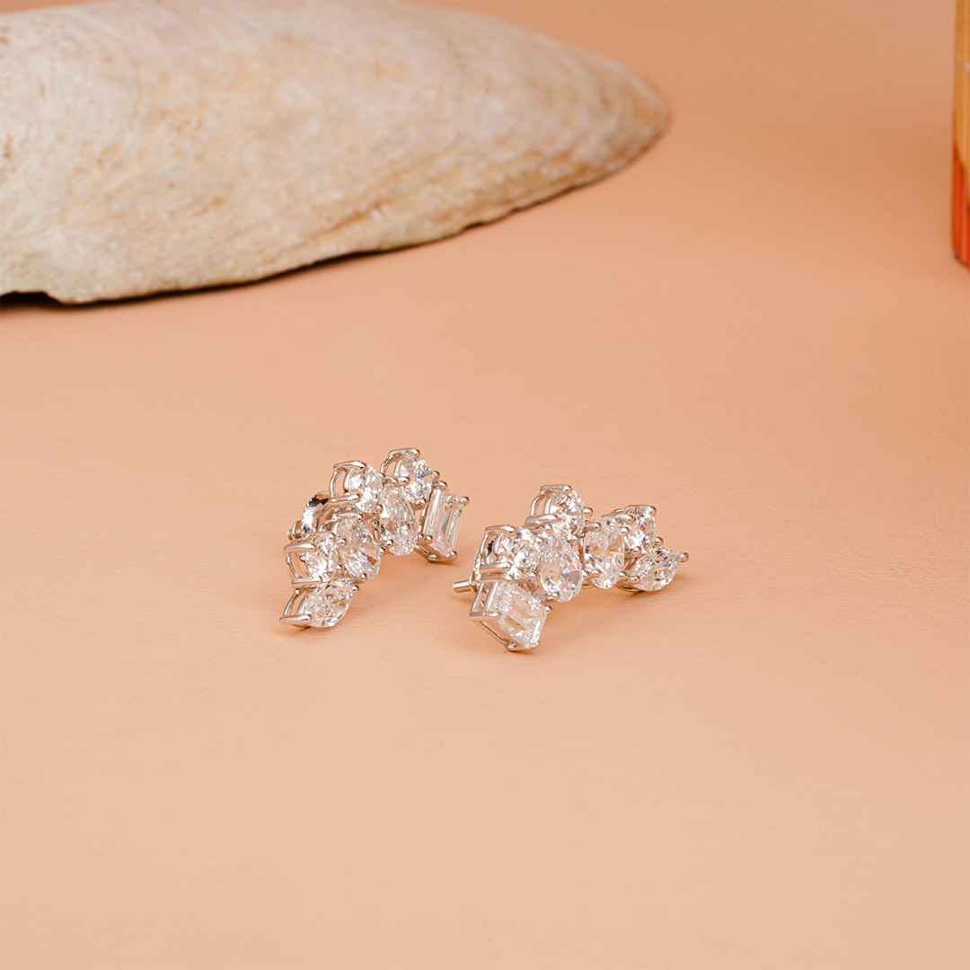 Pear & Marquise Shaped Yellow & White Diamond Flower Stud Earrings
