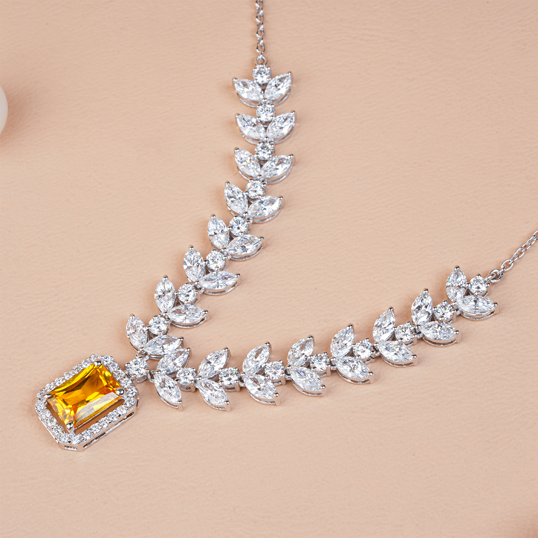 Radiant Cut Citrine with Marquise Leafy Diamond Necklace