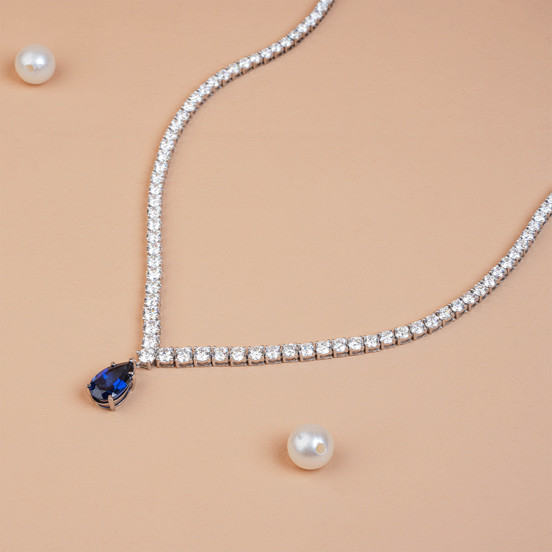 Round Diamonds Sapphire Blue Pear Drop Tennis Necklace