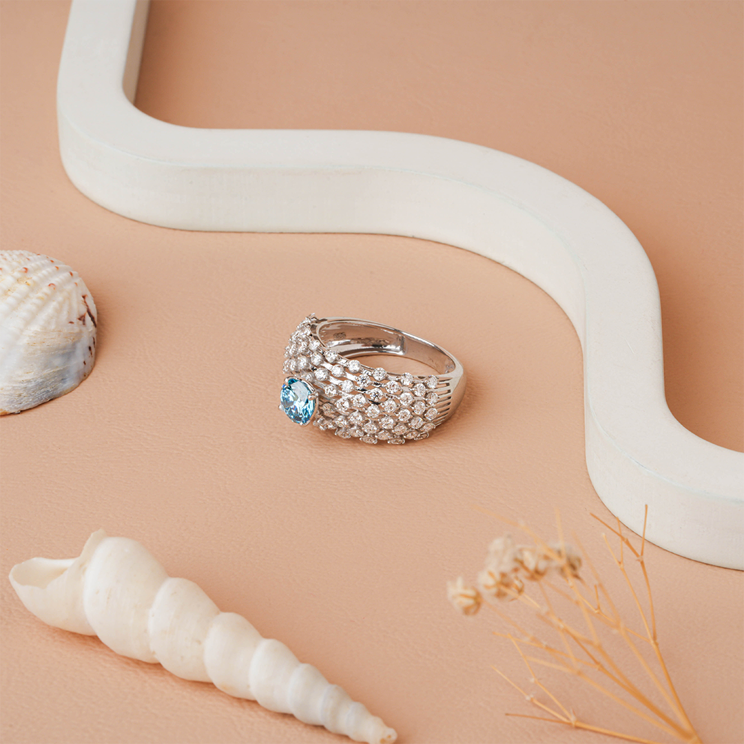 Swiss Blue Round Cut Lab Diamond Cocktail Ring