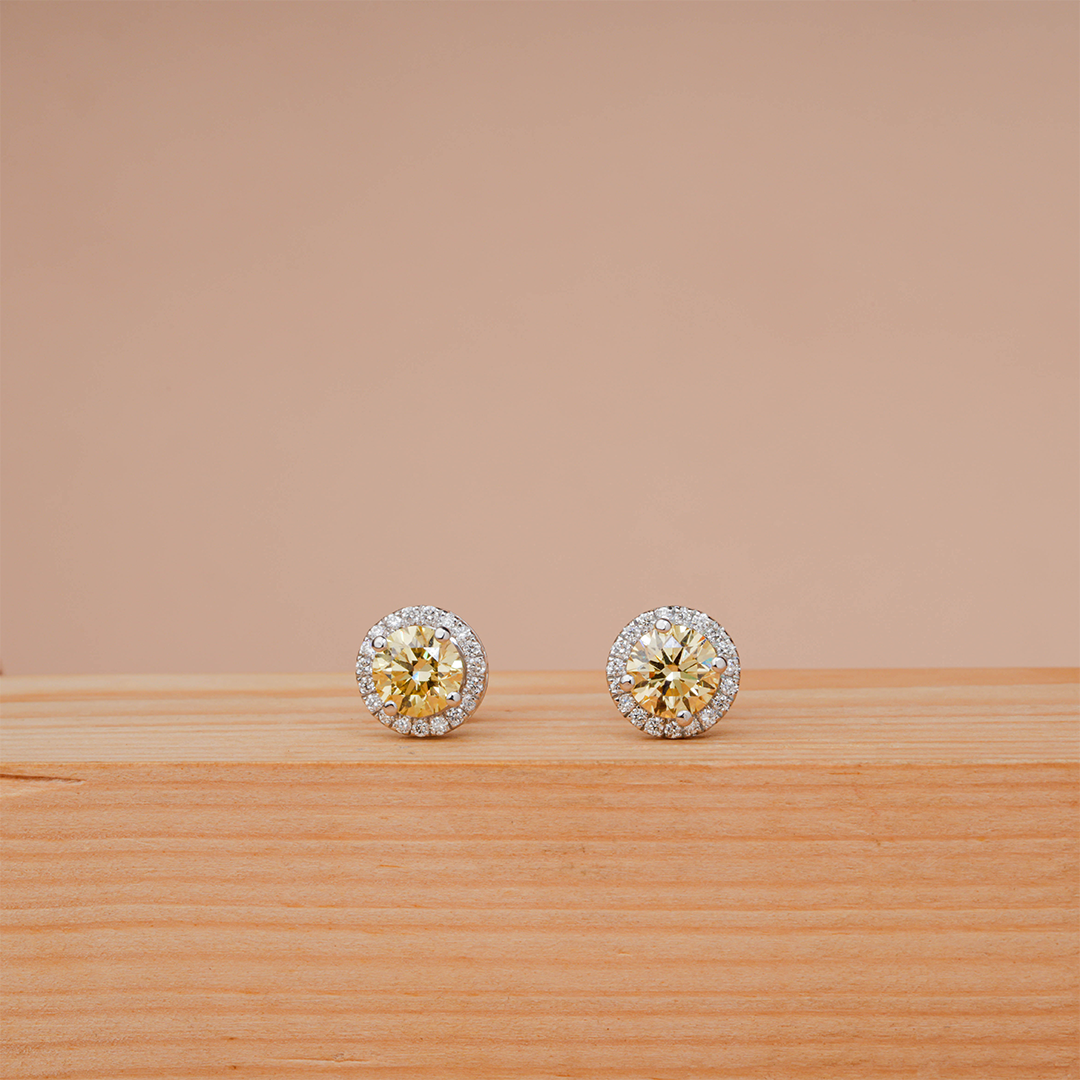 Round Cut Yellow Canary & White Diamond Halo Stud Earrings