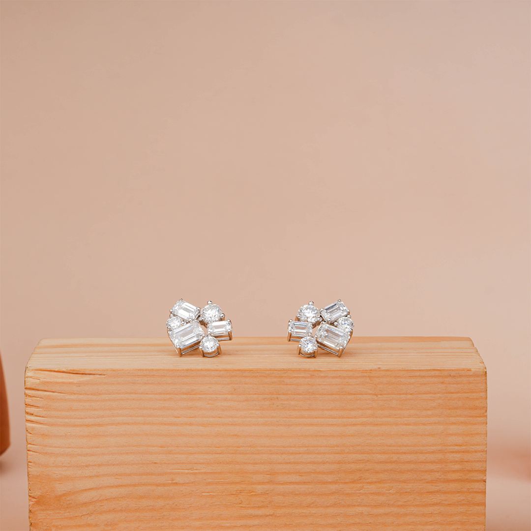 Emerald Cut and Round Diamond Stud Earrings