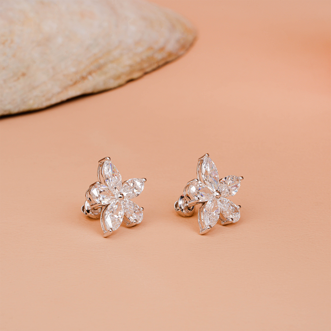 Pear & Marquise Shaped Lab Diamond Flower Stud Earrings