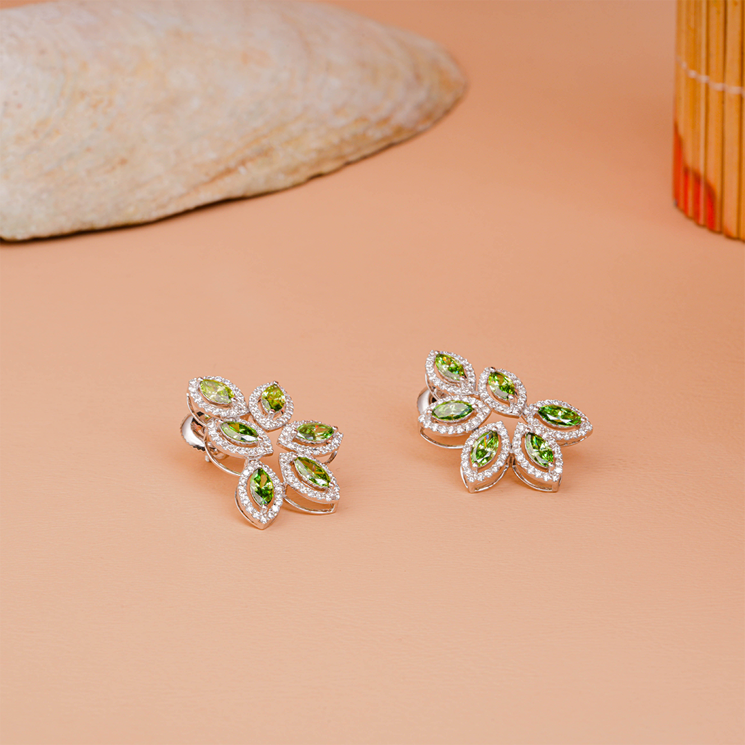 Green Marquise Floral Diamond Halo Earrings