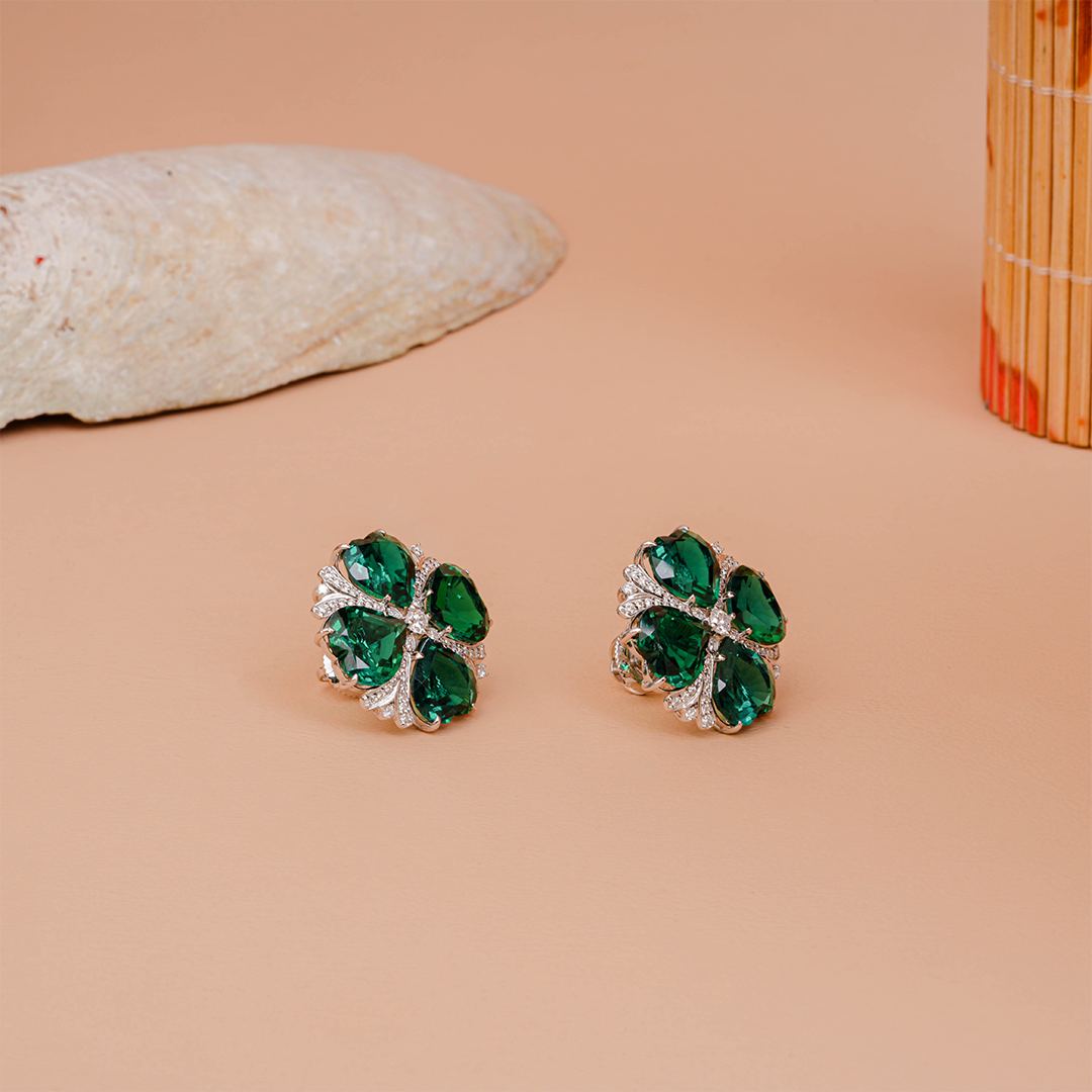 Heart-Shaped Lab-Created Emerald & Clover Earrings