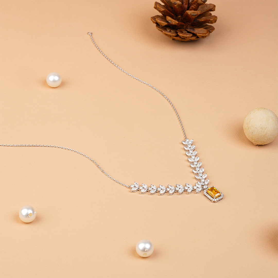 Radiant Cut Citrine with Marquise Leafy Diamond Necklace
