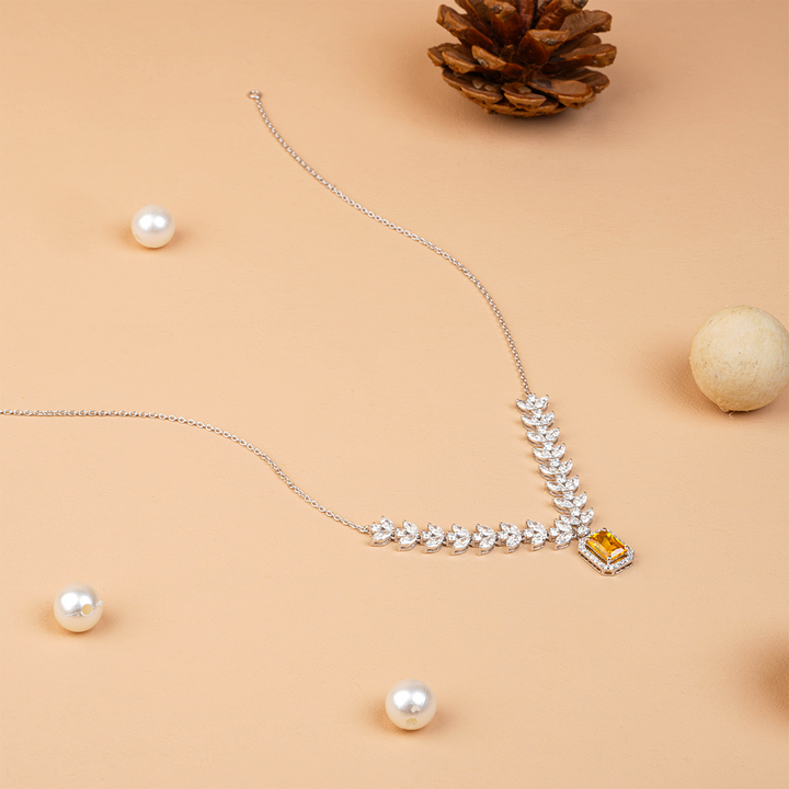 Radiant Cut Citrine with Marquise Leafy Diamond Necklace
